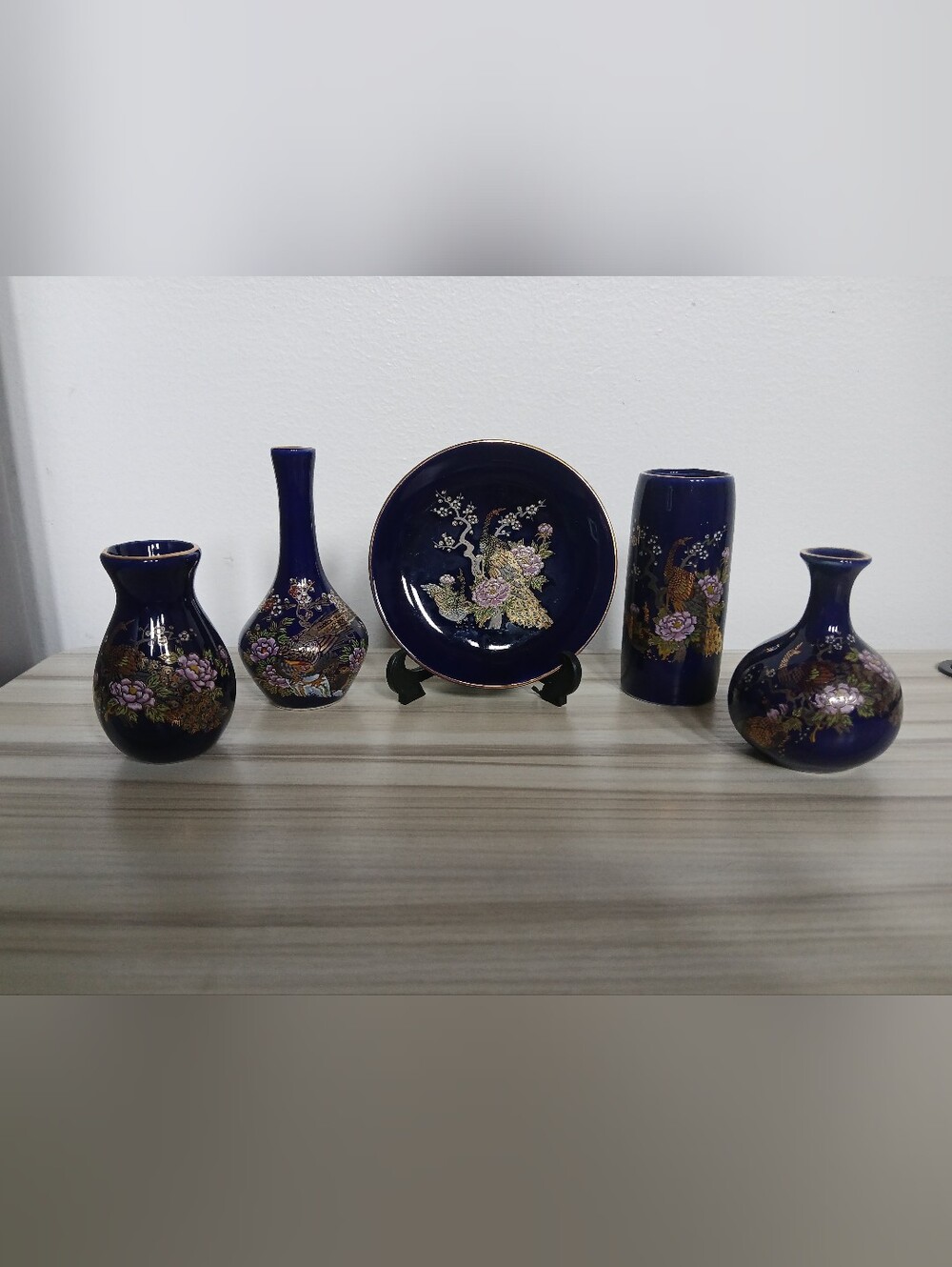 Vtg Japanese Kutani Style Miniature Vases Trinket Dish Lot Cobalt Blue & Gold
